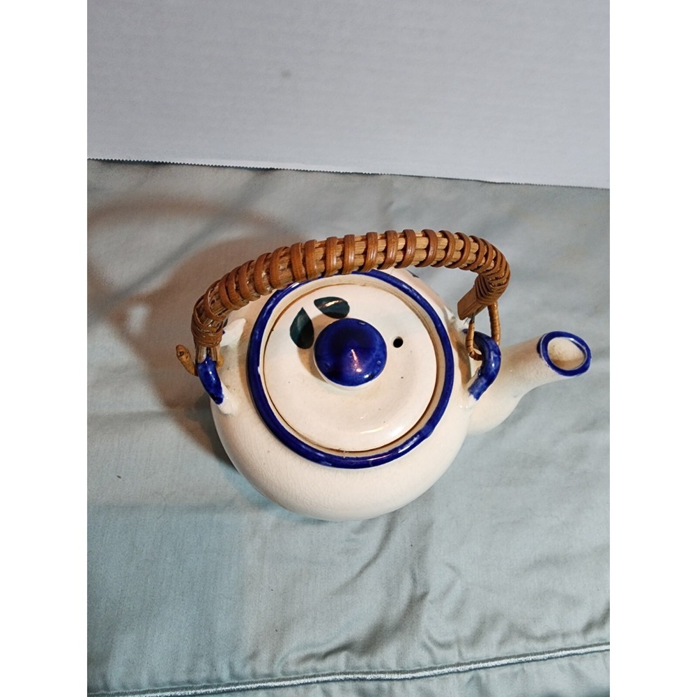Vintage Epi-Curio Floral Stoneware Teapot Wicker Handle - Picture 3 of 5